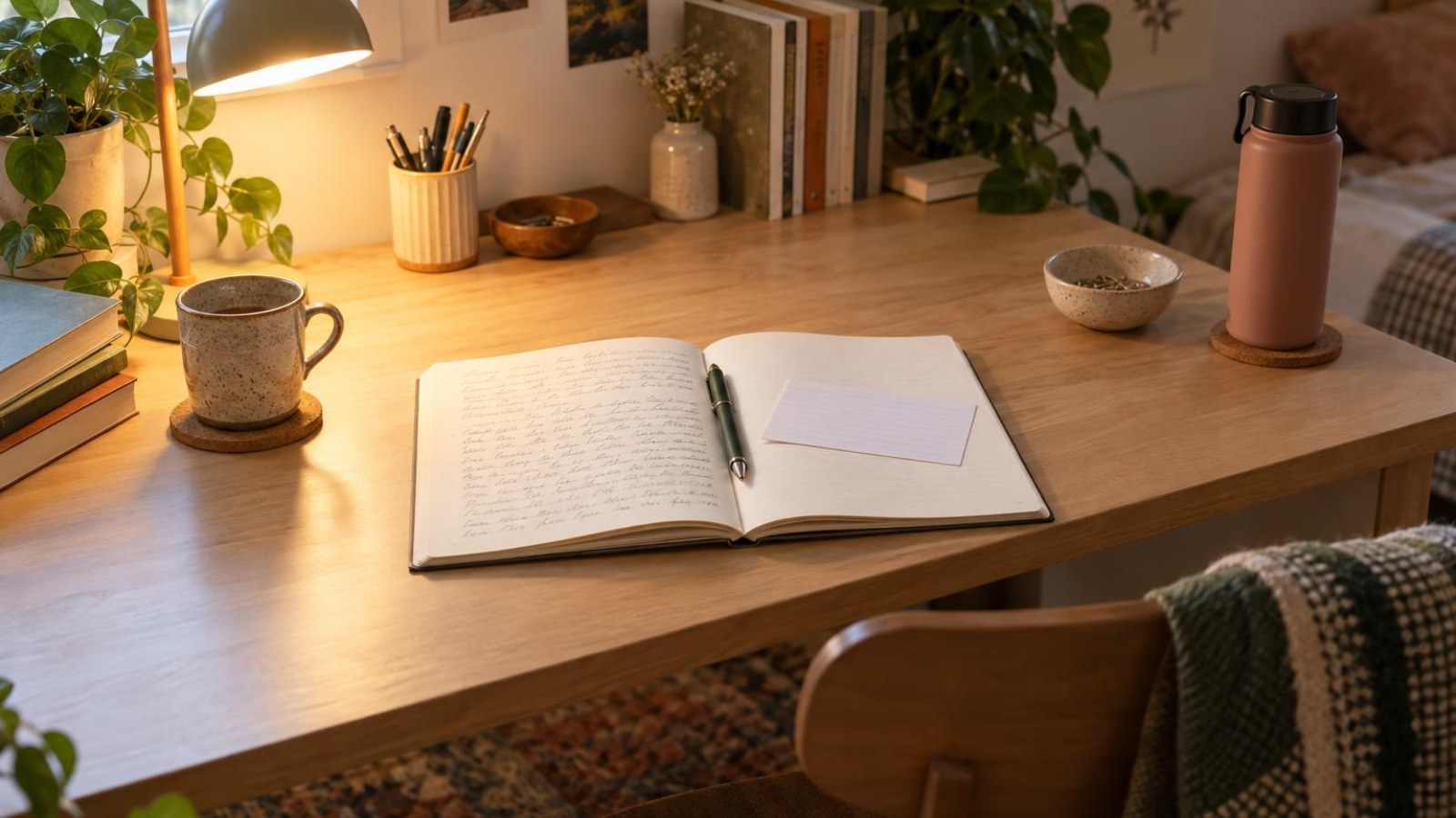 A desk with an open notebook full of handwriting on one side and a single blank index card on the other, a pen resting in between, warm lamp light, no screens or devices in view.