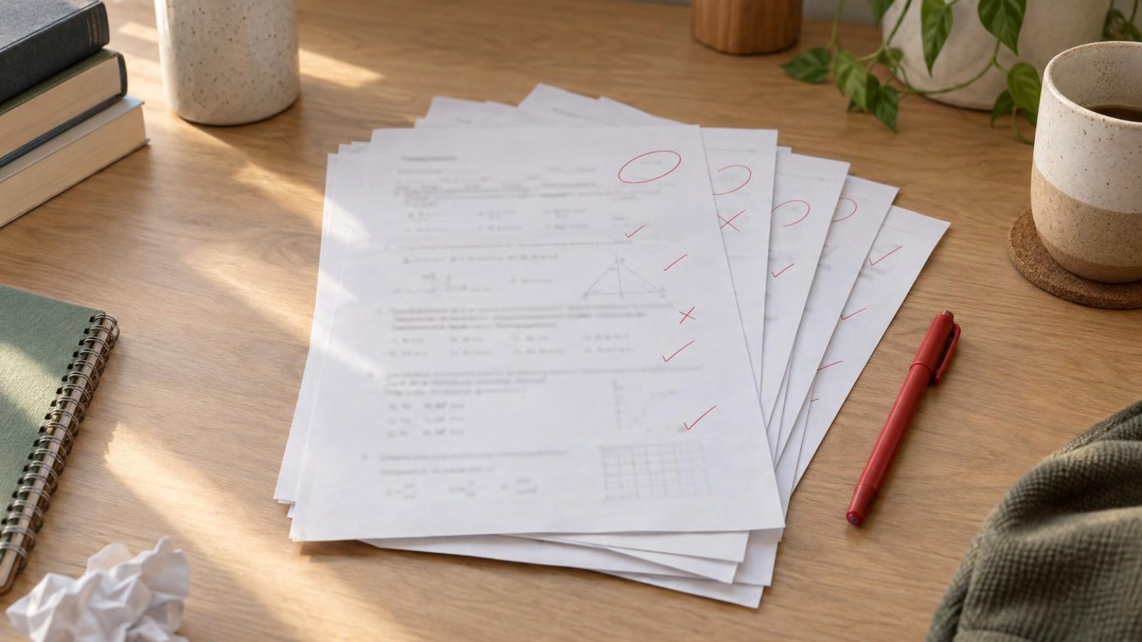 A small stack of returned quiz papers fanned out on a desk, red pen marks visible in the margins, no faces in frame.