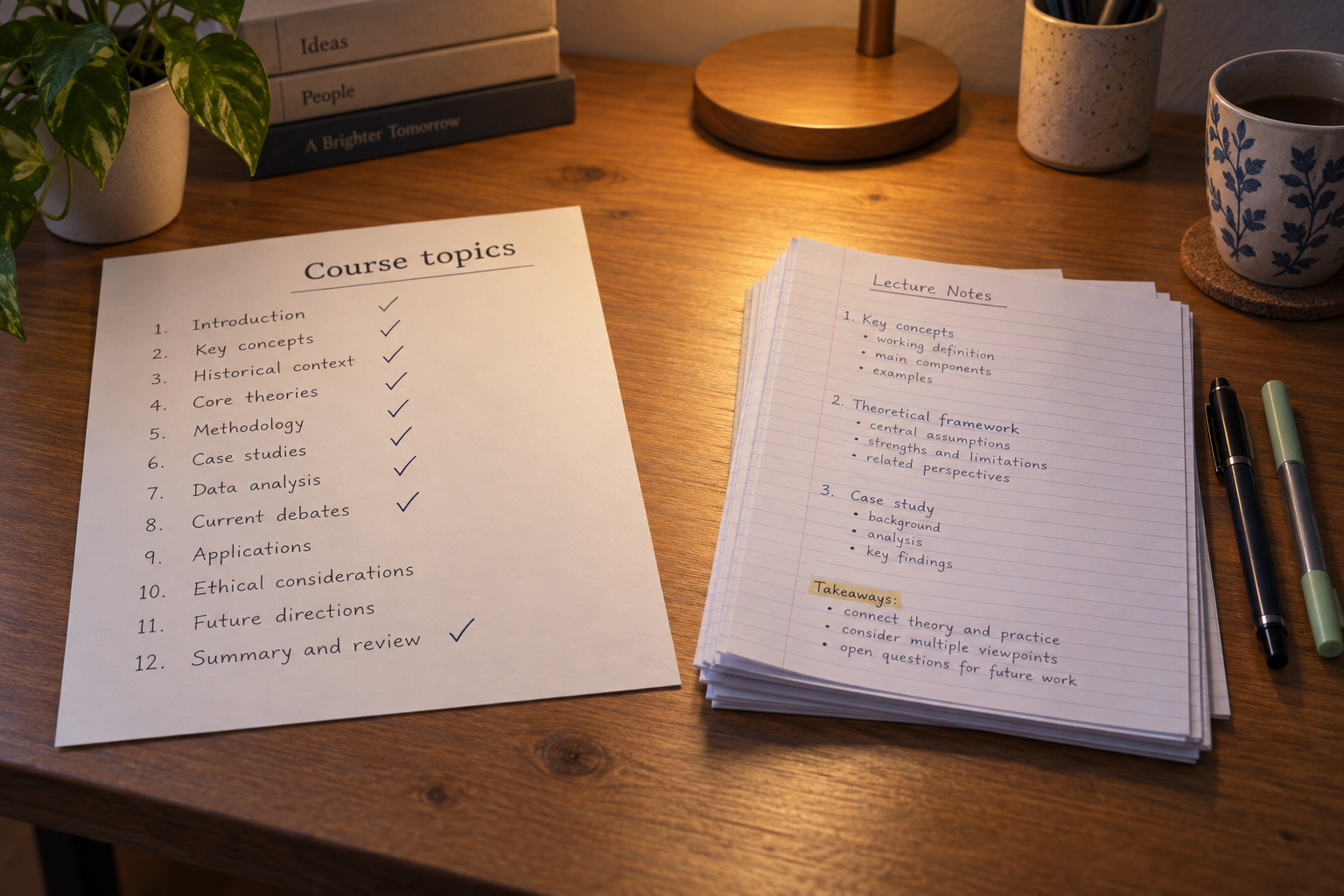A handwritten course topic checklist with several topics ticked off and a few blank beside a stack of lecture notes on a desk.